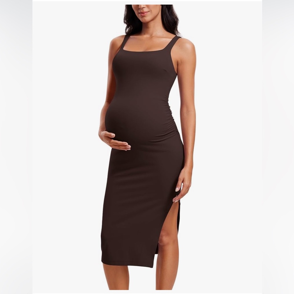 CRZ YOGA Brown Maternity Midi Dress with Side Slit
